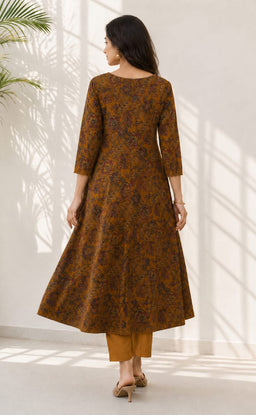 Mustard Yellow Cotton Kalamkari Printed Kurti Set