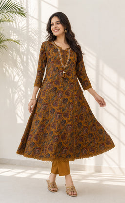 Mustard Yellow Cotton Kalamkari Printed Kurti Set