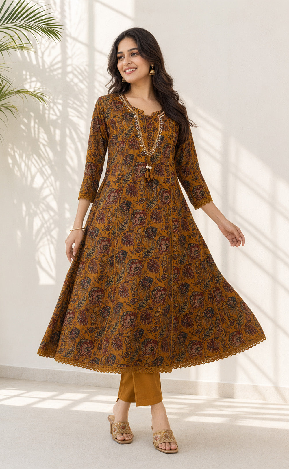 Mustard Yellow Cotton Kalamkari Printed Kurti Set