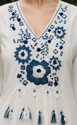White Cotton Mirror Work Kurti Set
