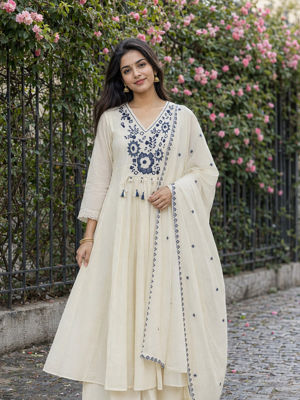 White Cotton Mirror Work Kurti Set