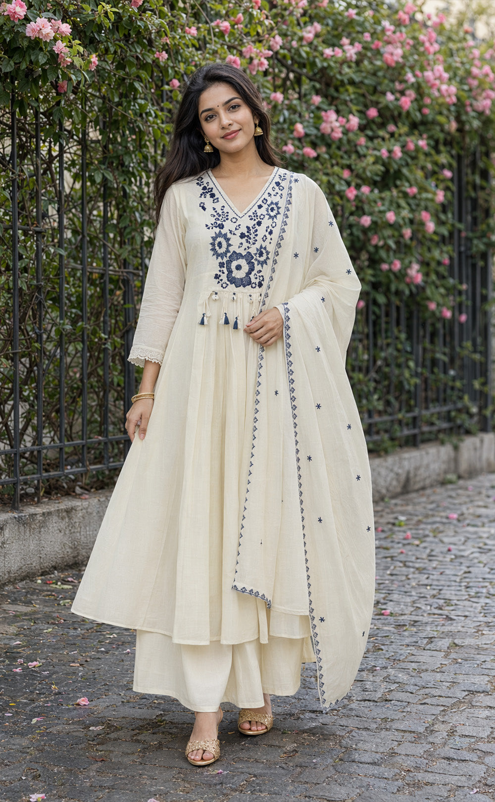White Cotton Mirror Work Kurti Set