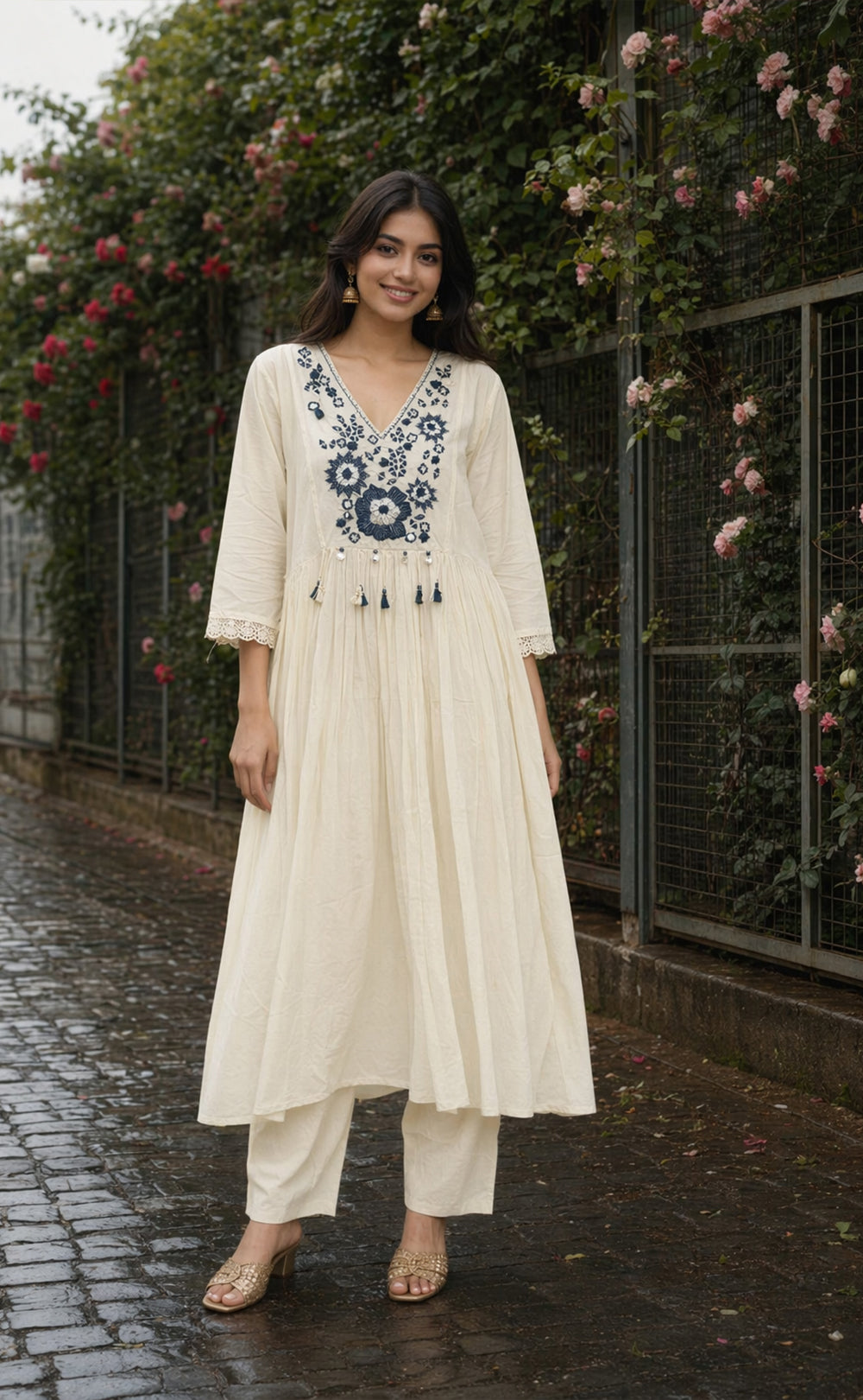 White Cotton Mirror Work Kurti Set