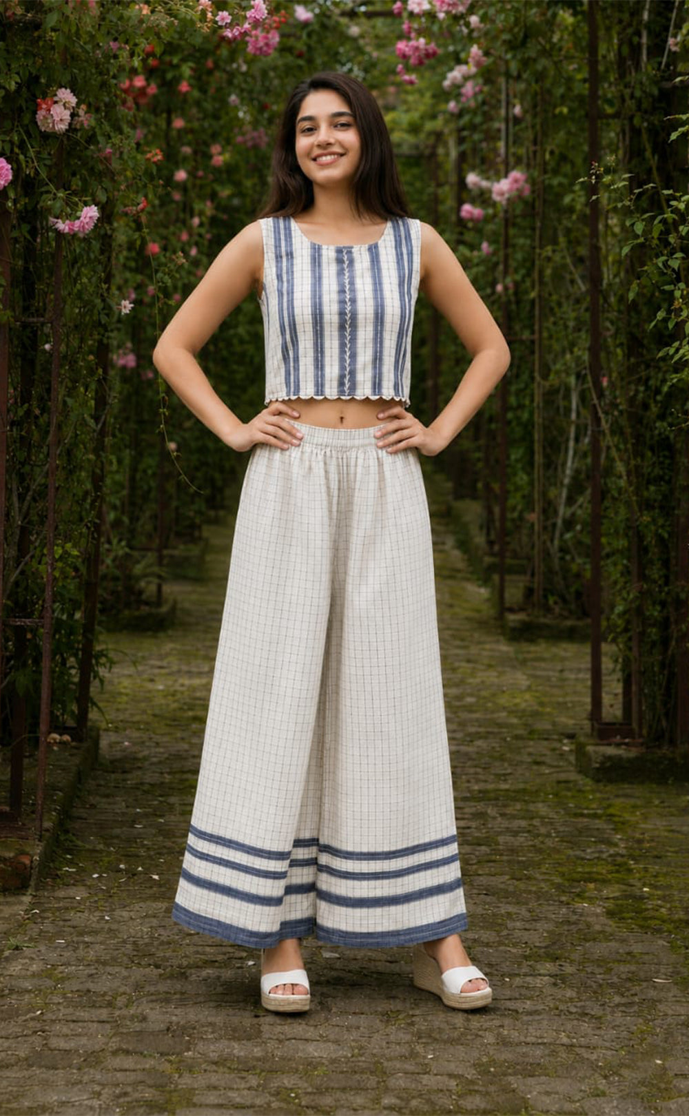 White And Blue Cotton Indo Western