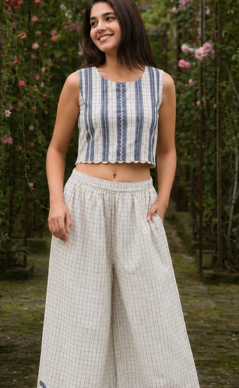 White And Blue Cotton Indo Western