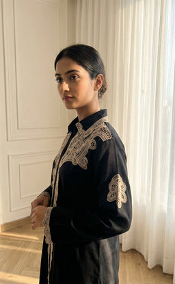 Solid Black Rayon Heavy Lace Embroidery Collar Neck Co-ord Set