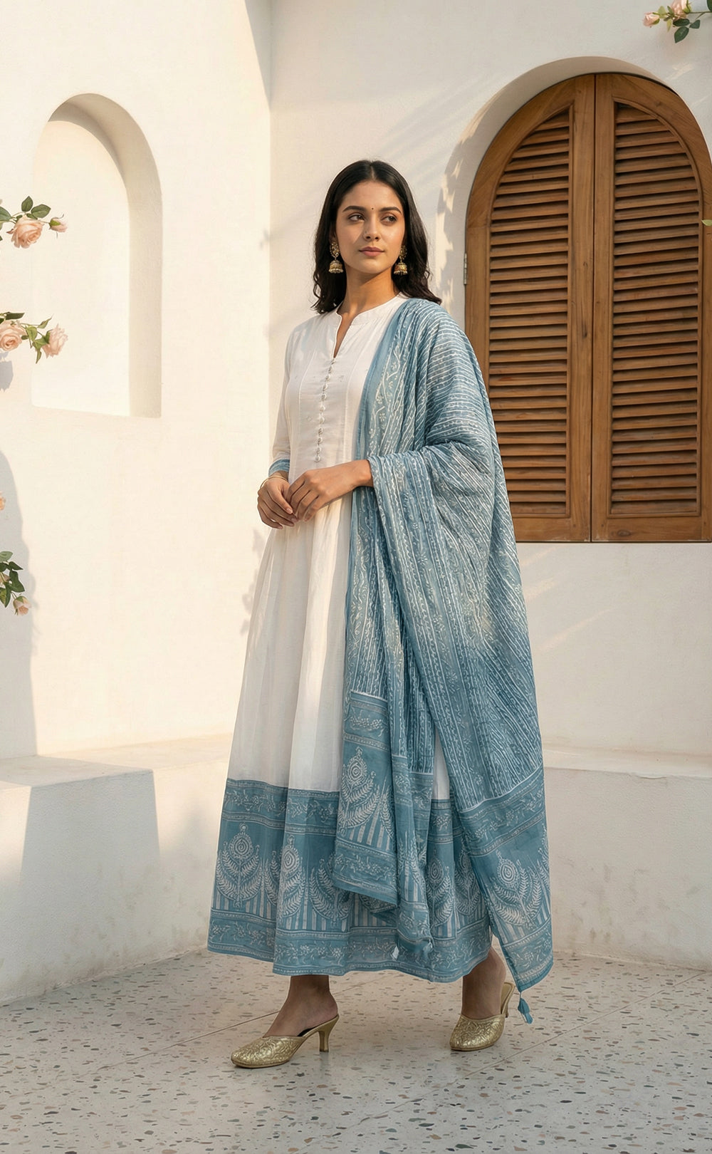 White cotton Ghera  border printed kurti set with traditional dupatta