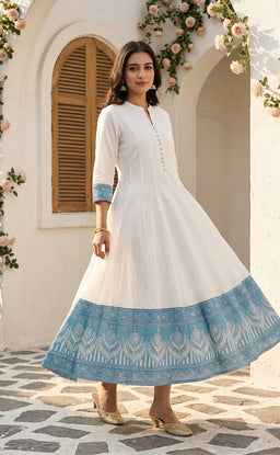 White cotton Ghera  border printed kurti set with traditional dupatta