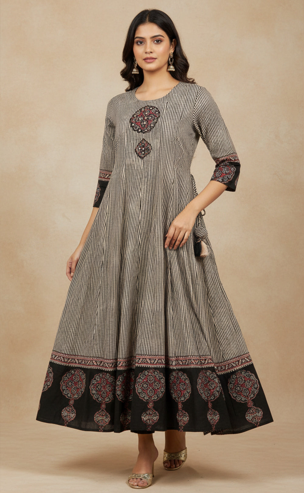 Black Cotton Applique Patch with Kalamkari Border print Long Kurti Set