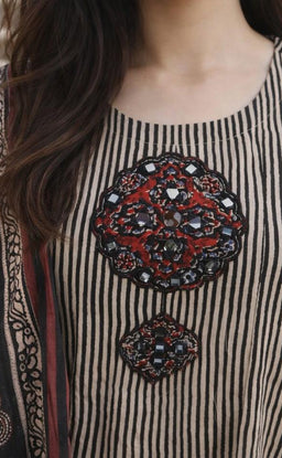 Black Cotton Applique Patch with Kalamkari Border print Long Kurti Set