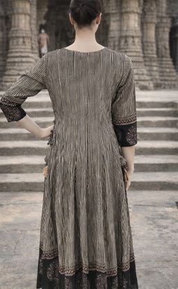 Black Cotton Applique Patch with Kalamkari Border print Long Kurti Set