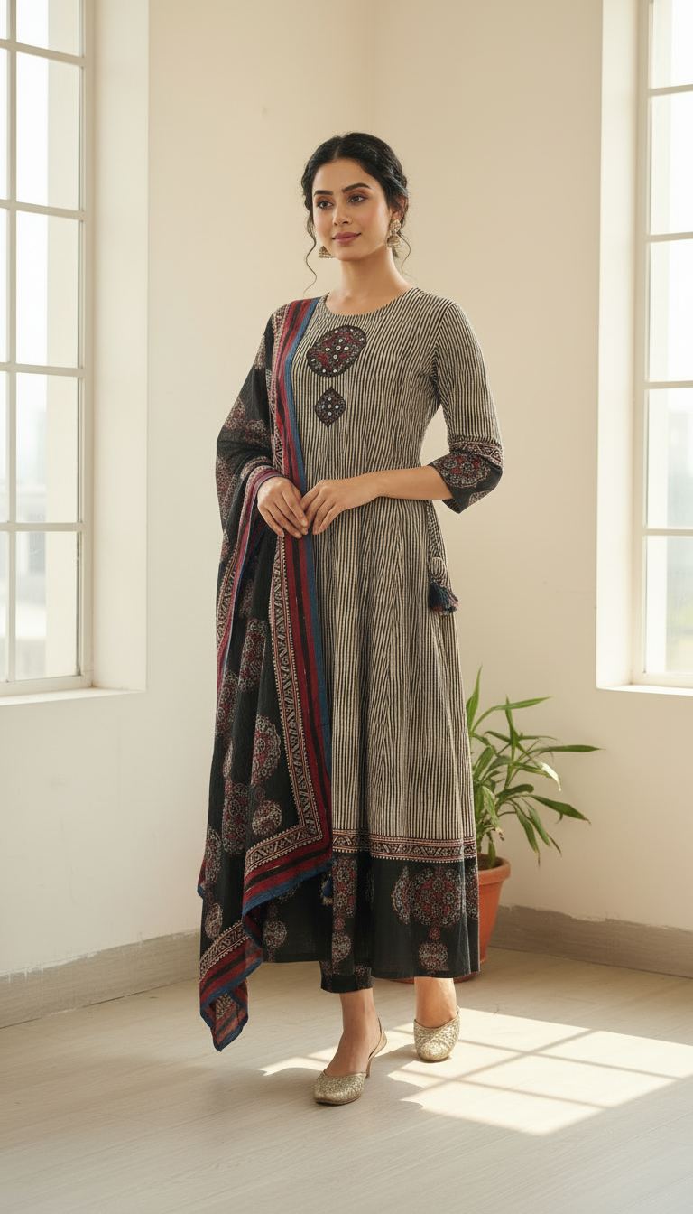 Black Applic Patch with Kalamkari Border print Long kurti set