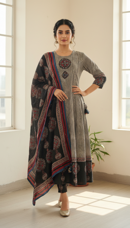 Black Applique Patch with Kalamkari Border print Long kurti set