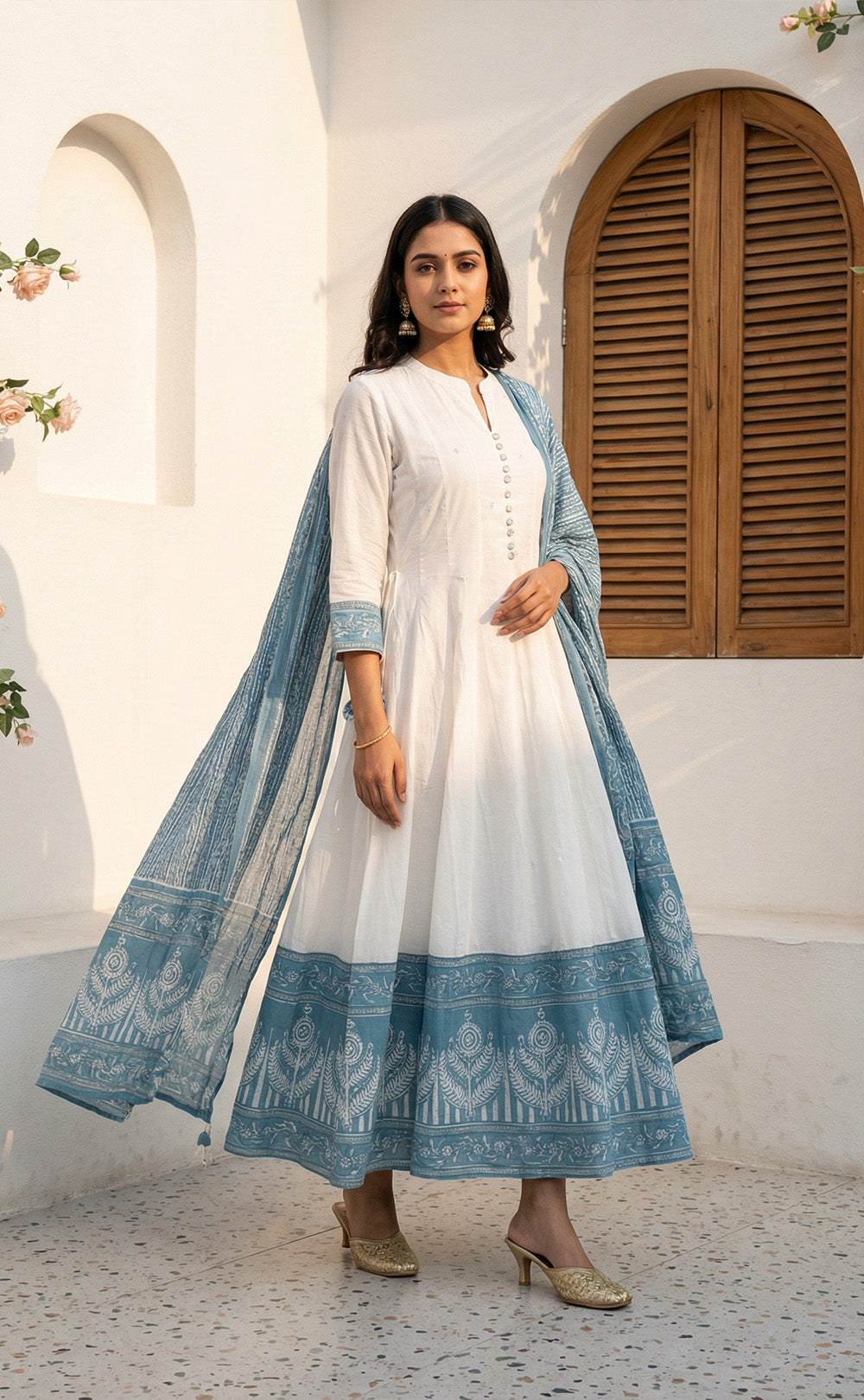 white cotton kurti set with bordar printed and traditional dupatta