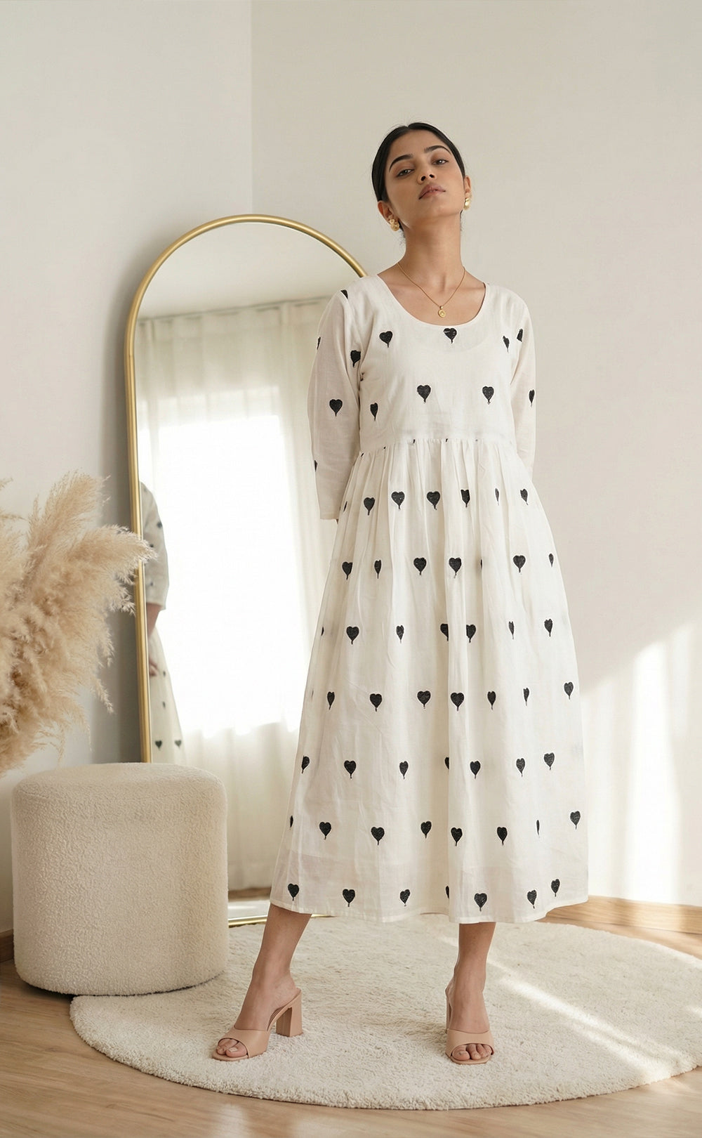 white cotton Heart Thread work Umbrella Flair kurti