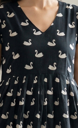 Black Cotton Swan Print Flare Kurti With Frills