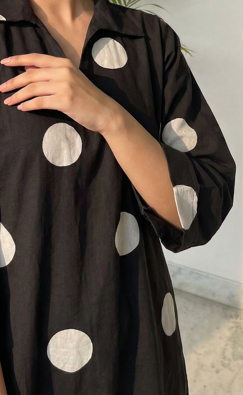 Black Rayon White Dots Front Buttons Straight Kurti