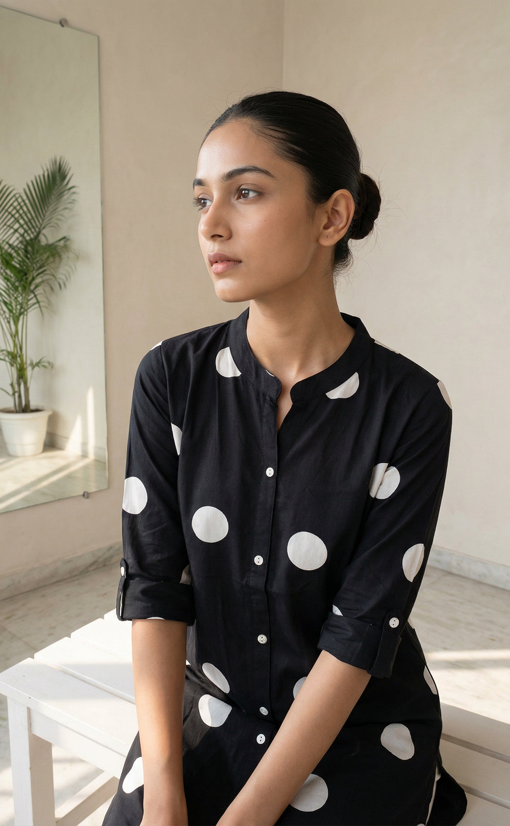 Black Rayon White Dots Front Buttons Straight Kurti