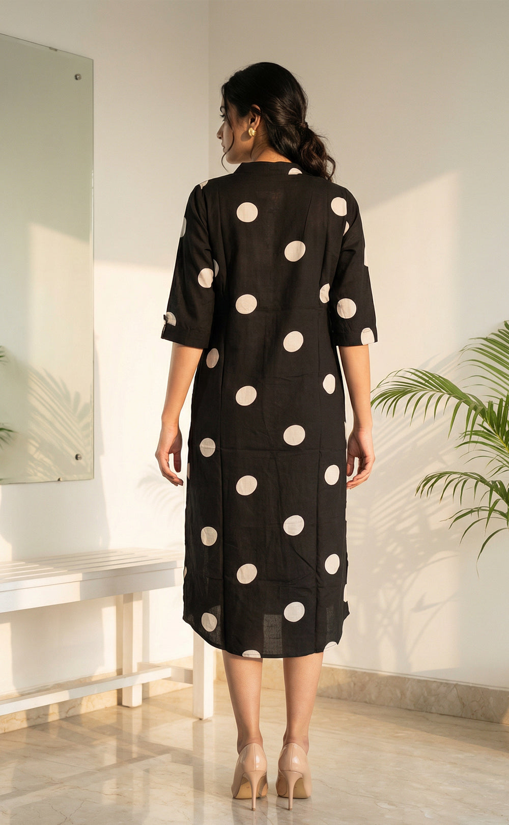 Black Rayon White Dots Front Buttons Straight Kurti
