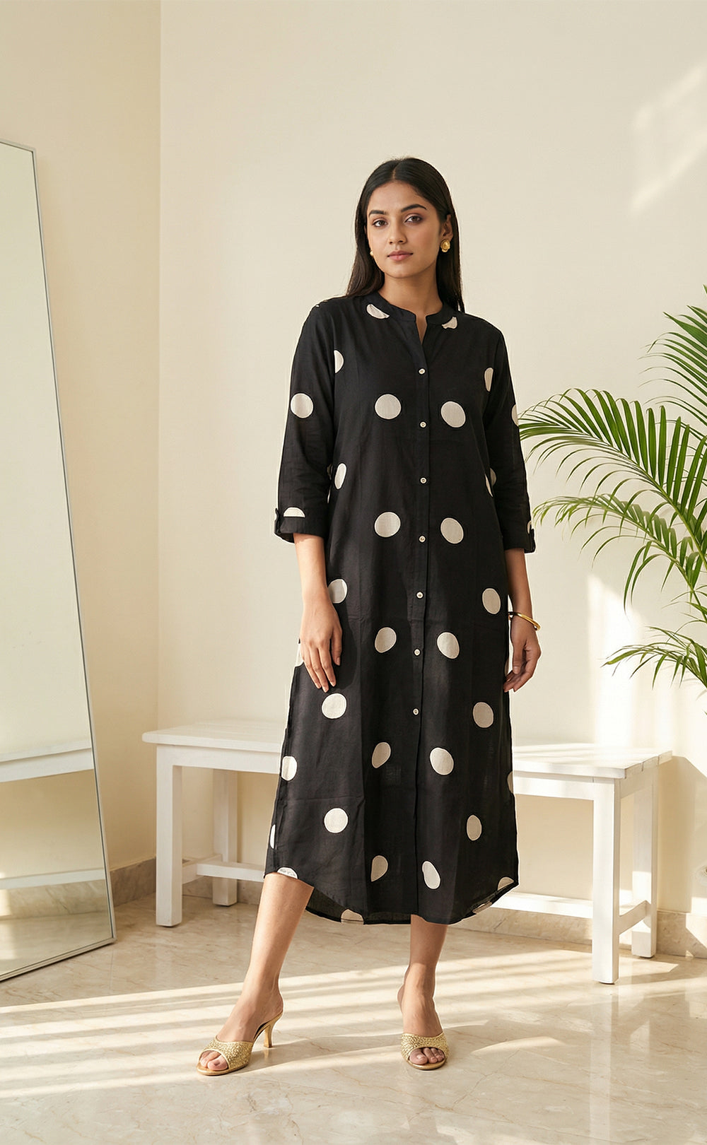 Black Rayon White Dots Front Buttons Straight Kurti