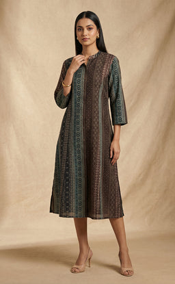 Teal Blue Silk Modal all over printed Flare Kurti