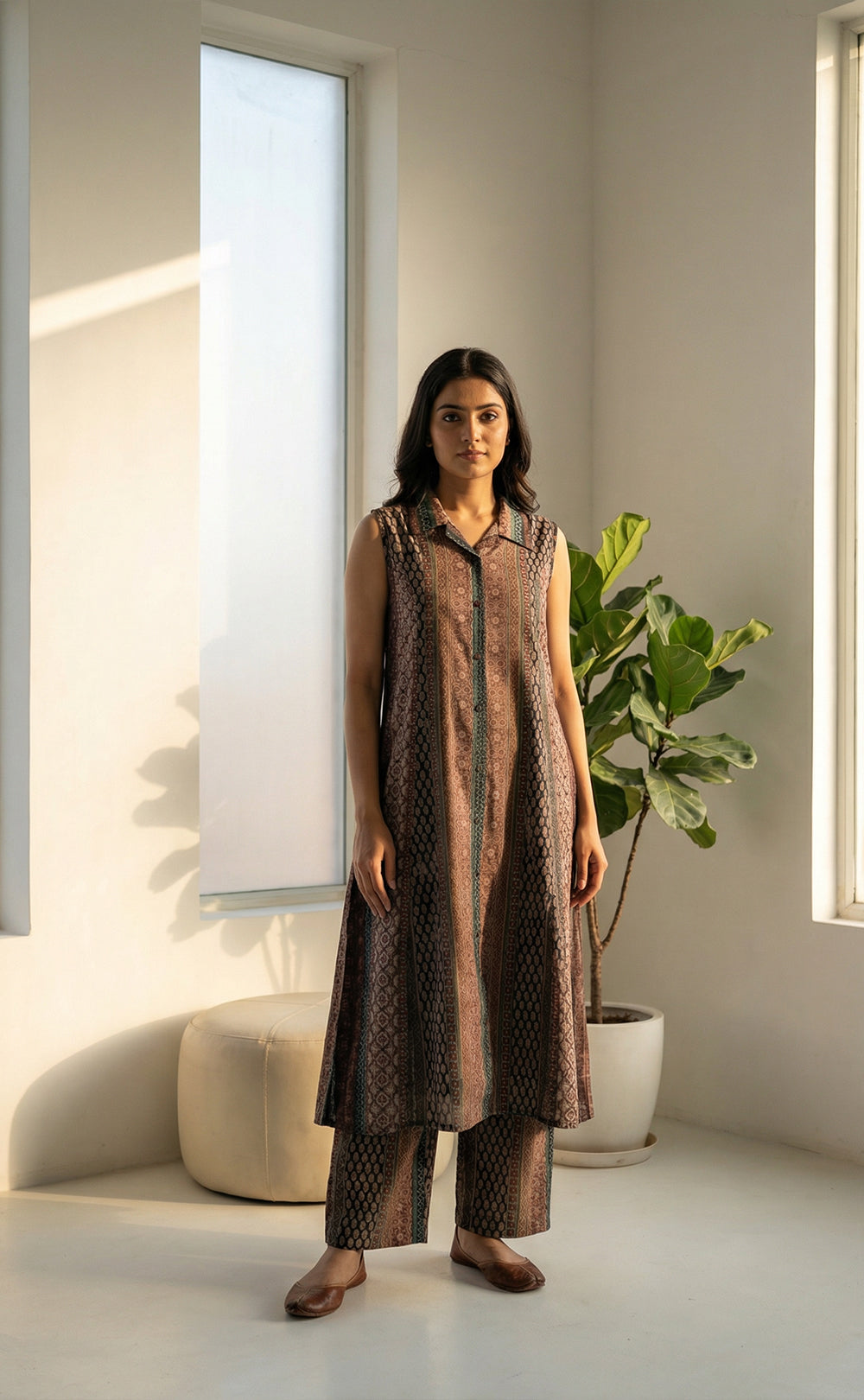 Chocolate Brown Silk Modal all over printed Co-ord Set