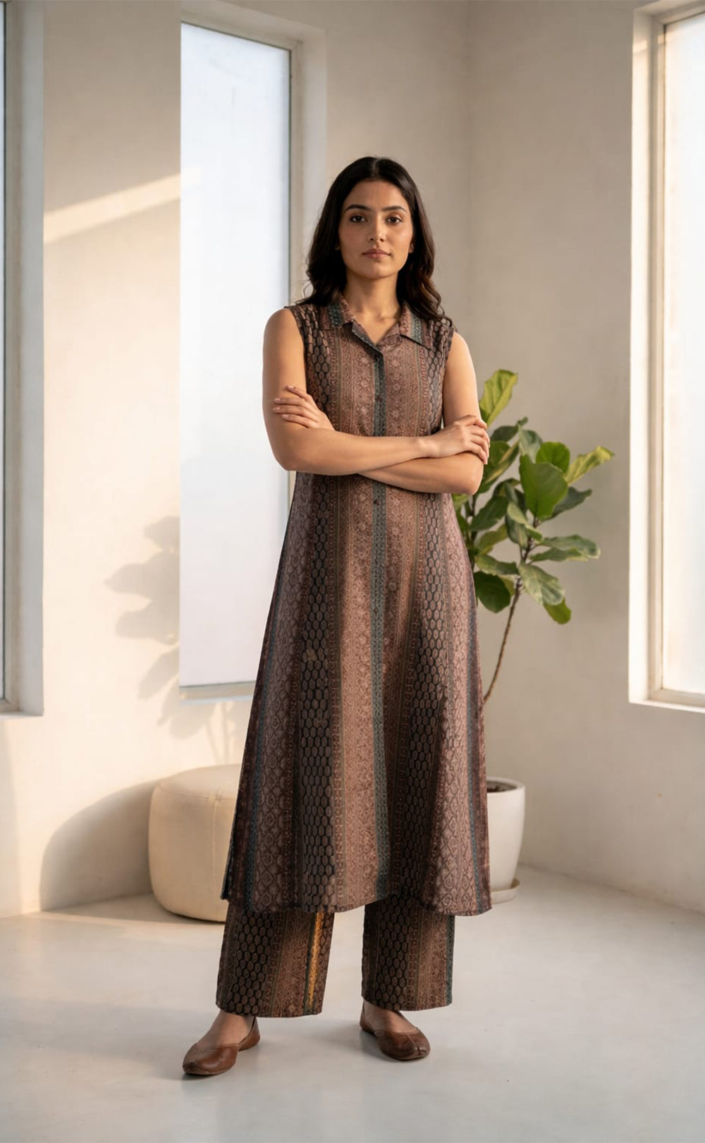 Chocolate Brown Silk Modal all over printed Co-ord Set