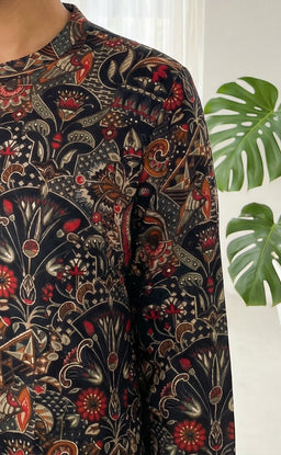 Black Modal printed A-line Flair kurti with Buttons