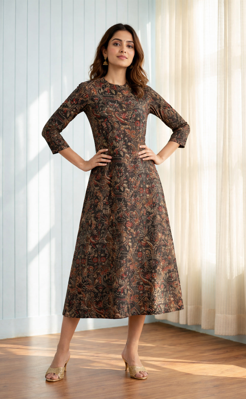 Black Modal printed A-line Flair kurti with Buttons
