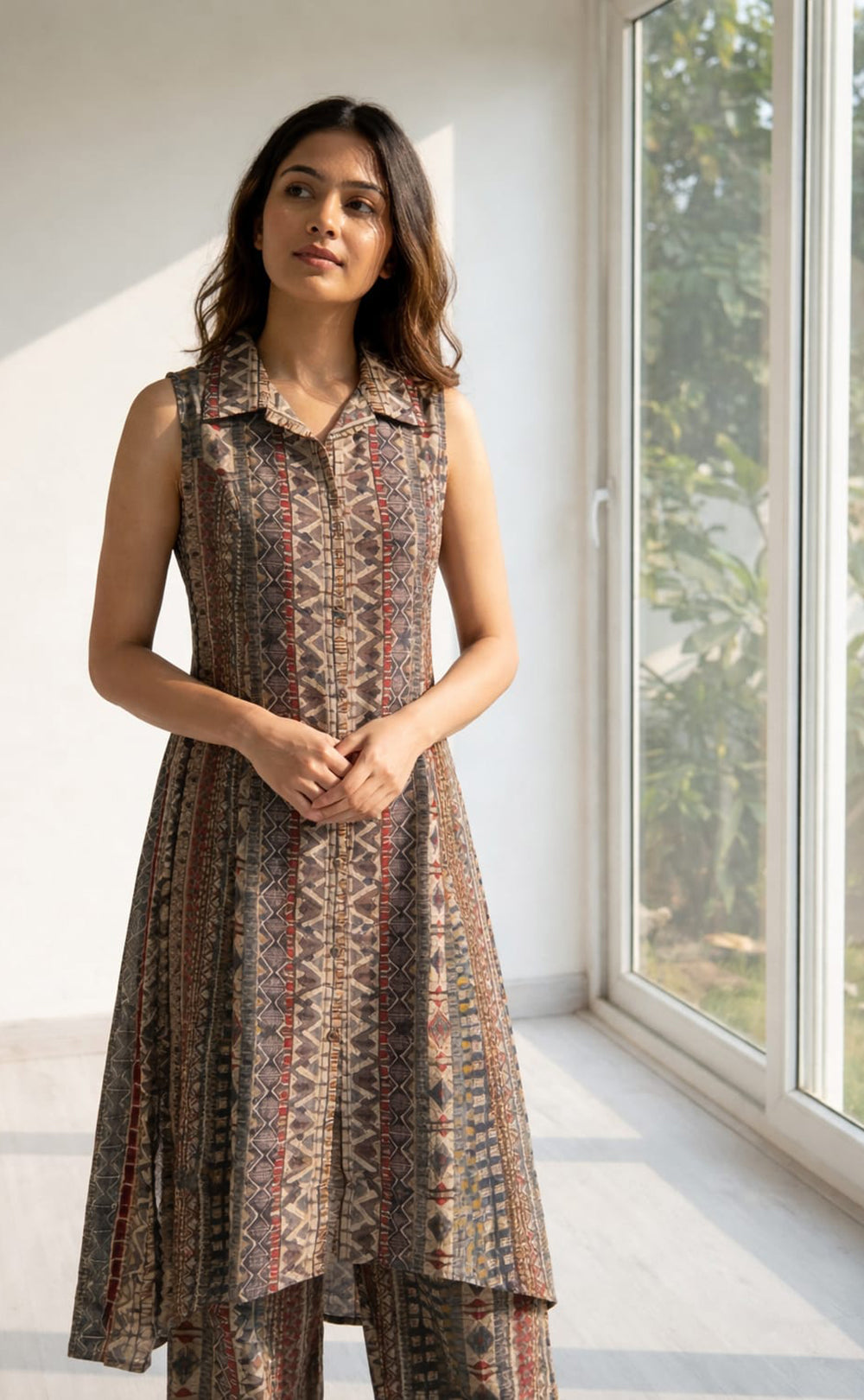 Grey Modal silk Brown Geometric print Co-ord set