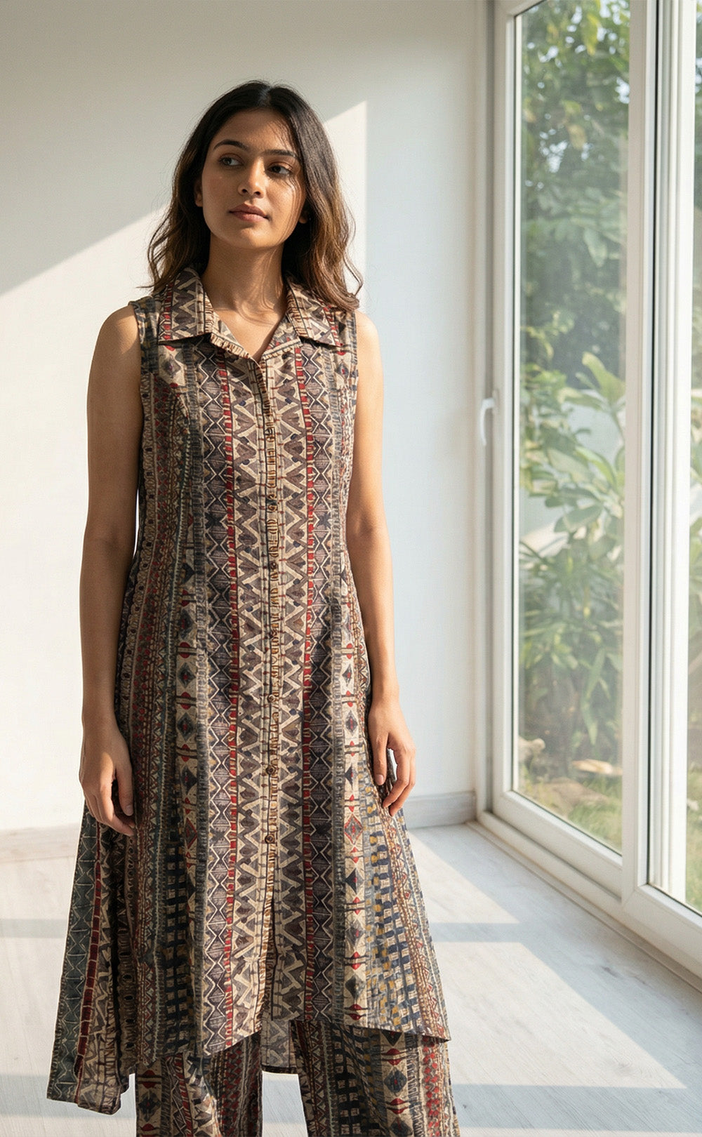 Grey Modal silk Brown Geometric print Co-ord set