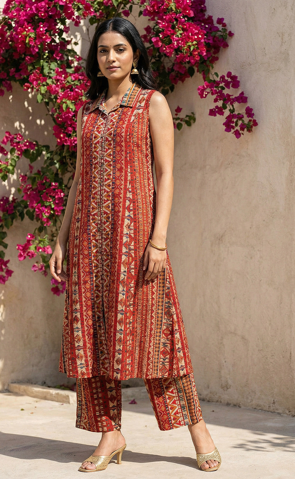 Marraon Modal Geometrical print  with  collar neck cord set