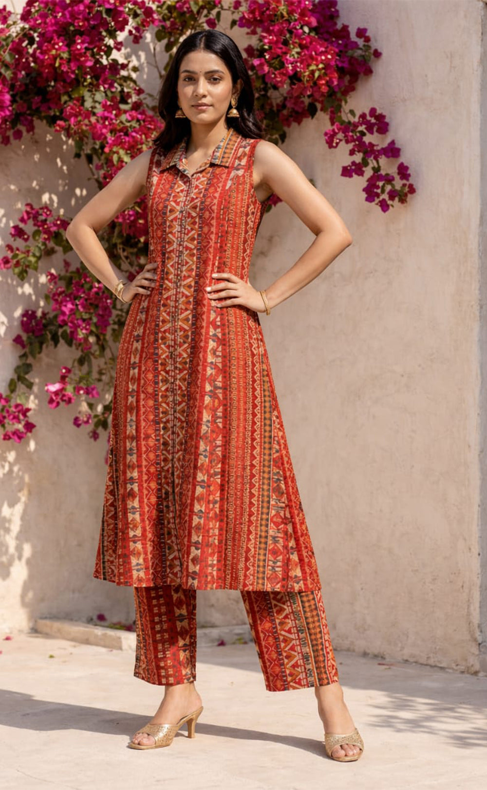 Marraon Modal Geometrical print  with  collar neck cord set