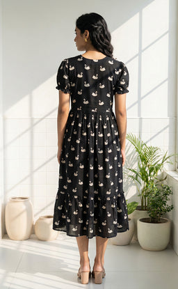 Black Cotton Swan print and Frills Flair Kurti