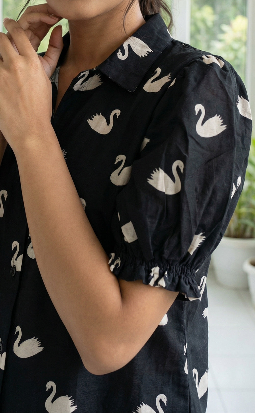 Black Cotton Swan print and Frills Flair Kurti