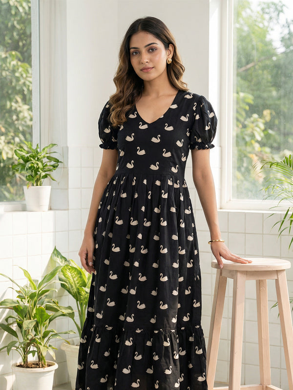Black Cotton Swan Print Flare Kurti With Frills
