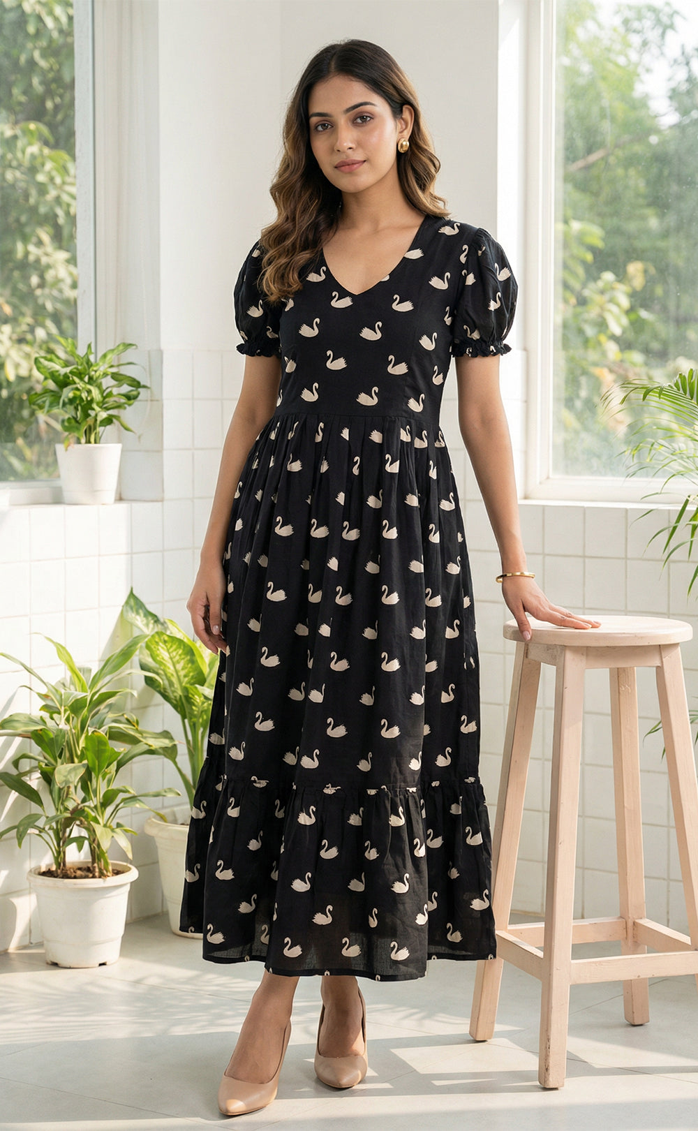 Black Cotton Swan print and Frills Flair Kurti