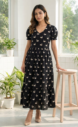 Black Cotton Swan print and Frills Flair Kurti
