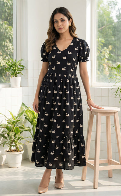 Black Cotton Swan print and Frills Flair Kurti