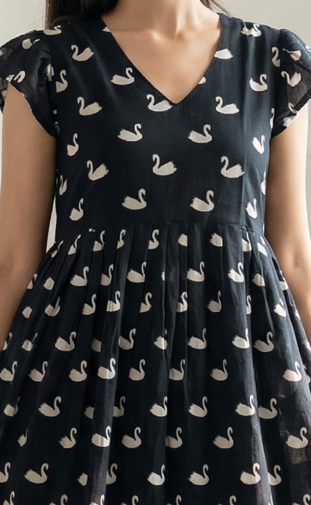 Black Cotton Swan print and Frills Flair Kurti