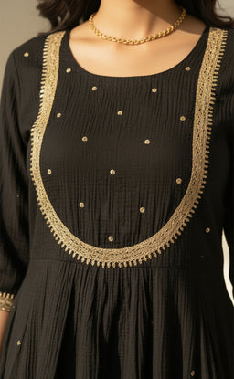 Black Round Neck Chinon Ghera Kurti Set with weaving Dupatta