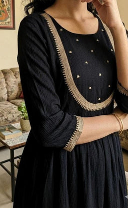 Black Round Neck Chinon Ghera Kurti Set with weaving Dupatta
