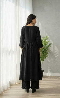 Black Round Neck Chinon Ghera Kurti Set with weaving Dupatta