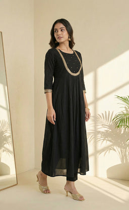 Black Round Neck Chinon Ghera Kurti Set with weaving Dupatta
