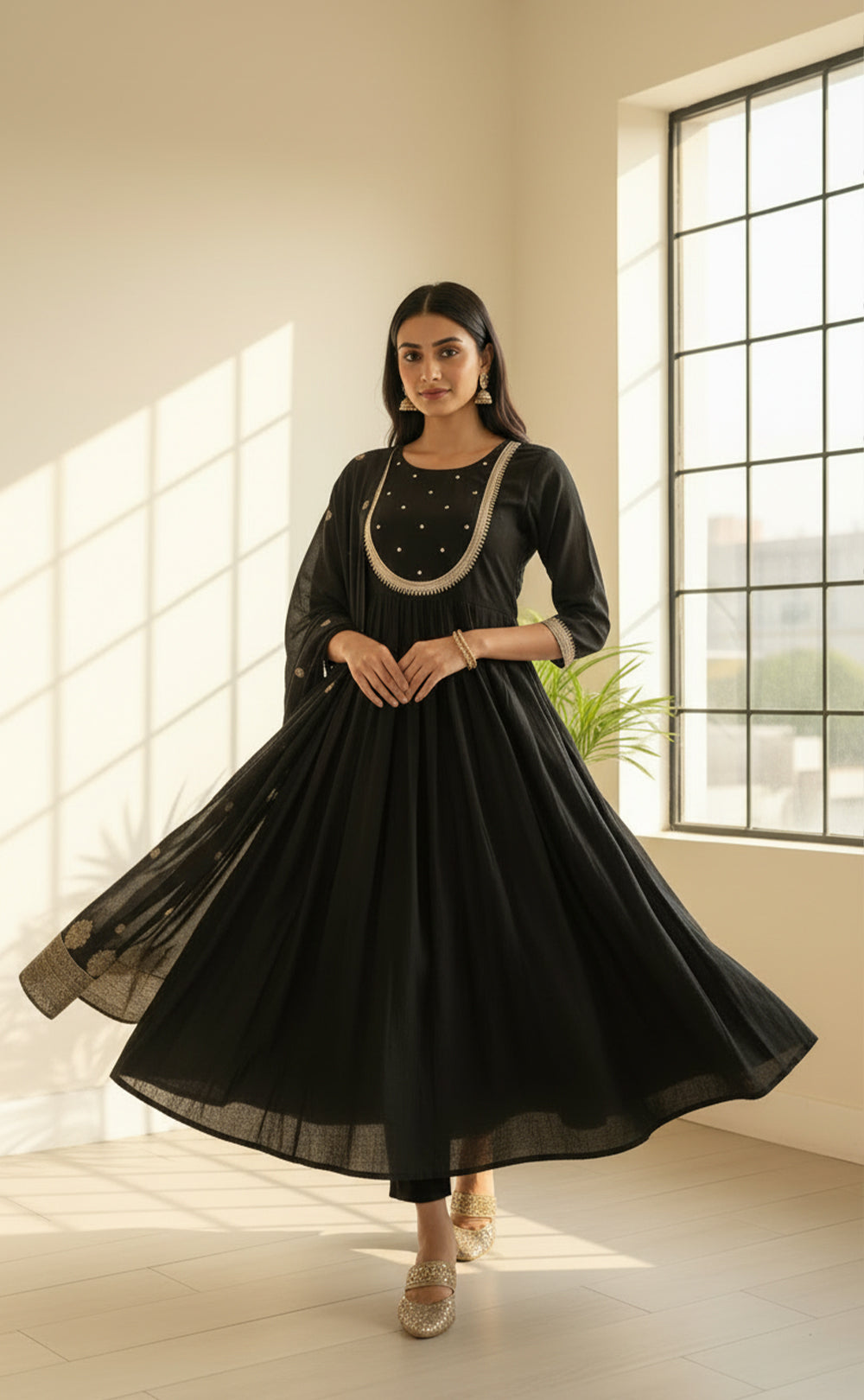 Black Round Neck Chinon Ghera Kurti Set with weaving Dupatta