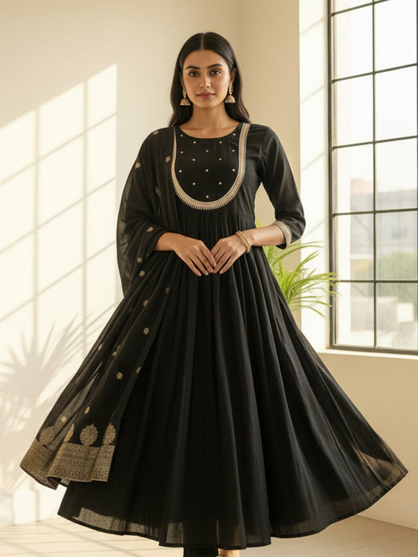 Black Round Neck Chinon Ghera Kurti Set with weaving Dupatta