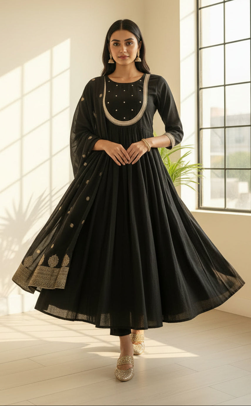 Black Round Neck Chinon Ghera Kurti Set with weaving Dupatta