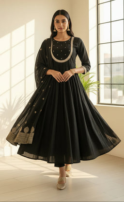 Black Round Neck Chinon Ghera Kurti Set with weaving Dupatta