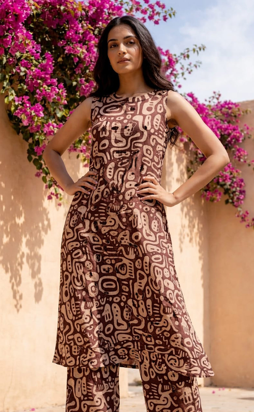 Chocolate Brown cotton half white printed high neck Cord set