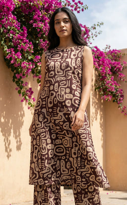 Chocolate Brown cotton half white printed high neck Co-ord Set